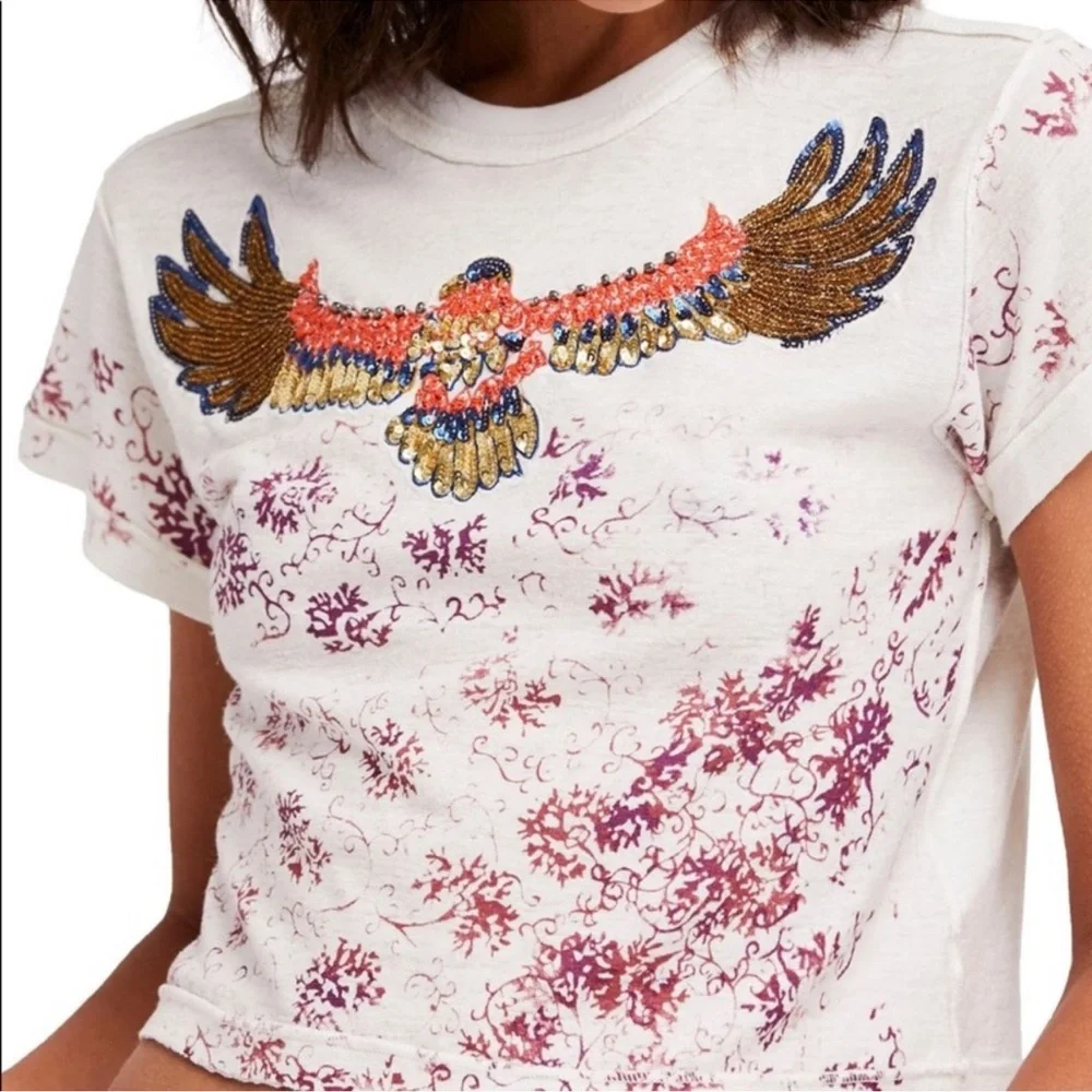FREE PEOPLE sequin eagle crop tee sz Small - Picture 2 of 7